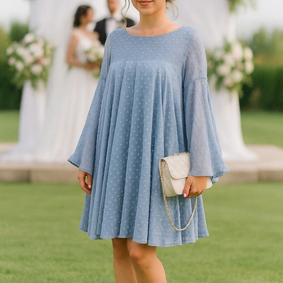 NWT Women’s Dobby Mesh Long Sleeve Flowy Blue Boho Dress Sz 12/ large - Picture 2 of 5